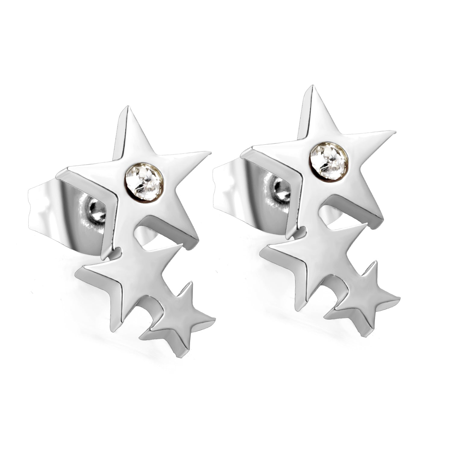 Three large and small stars with diamond earrings 7.6 * 12.3mm steel color / gold color asonjewelry