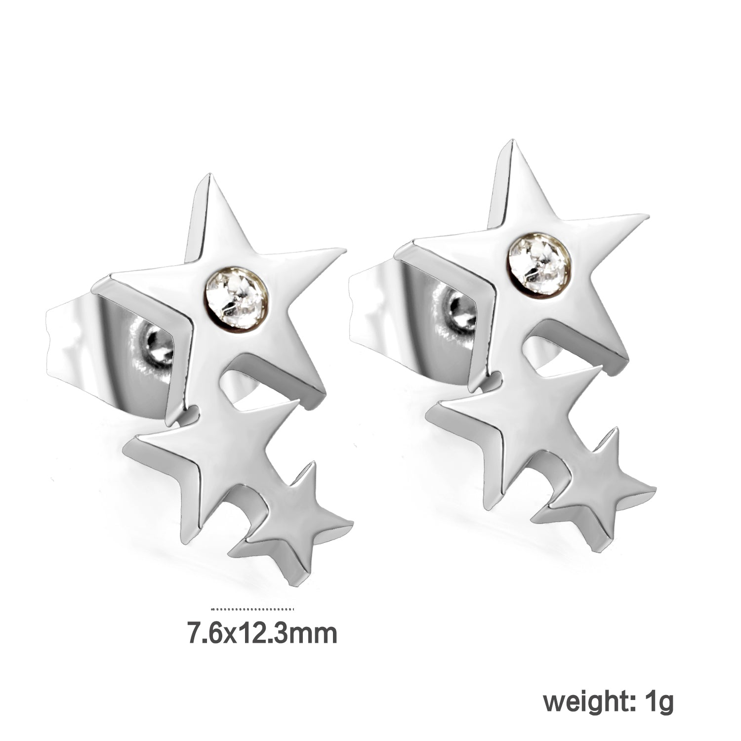 Three large and small stars with diamond earrings 7.6 * 12.3mm steel color / gold color asonjewelry