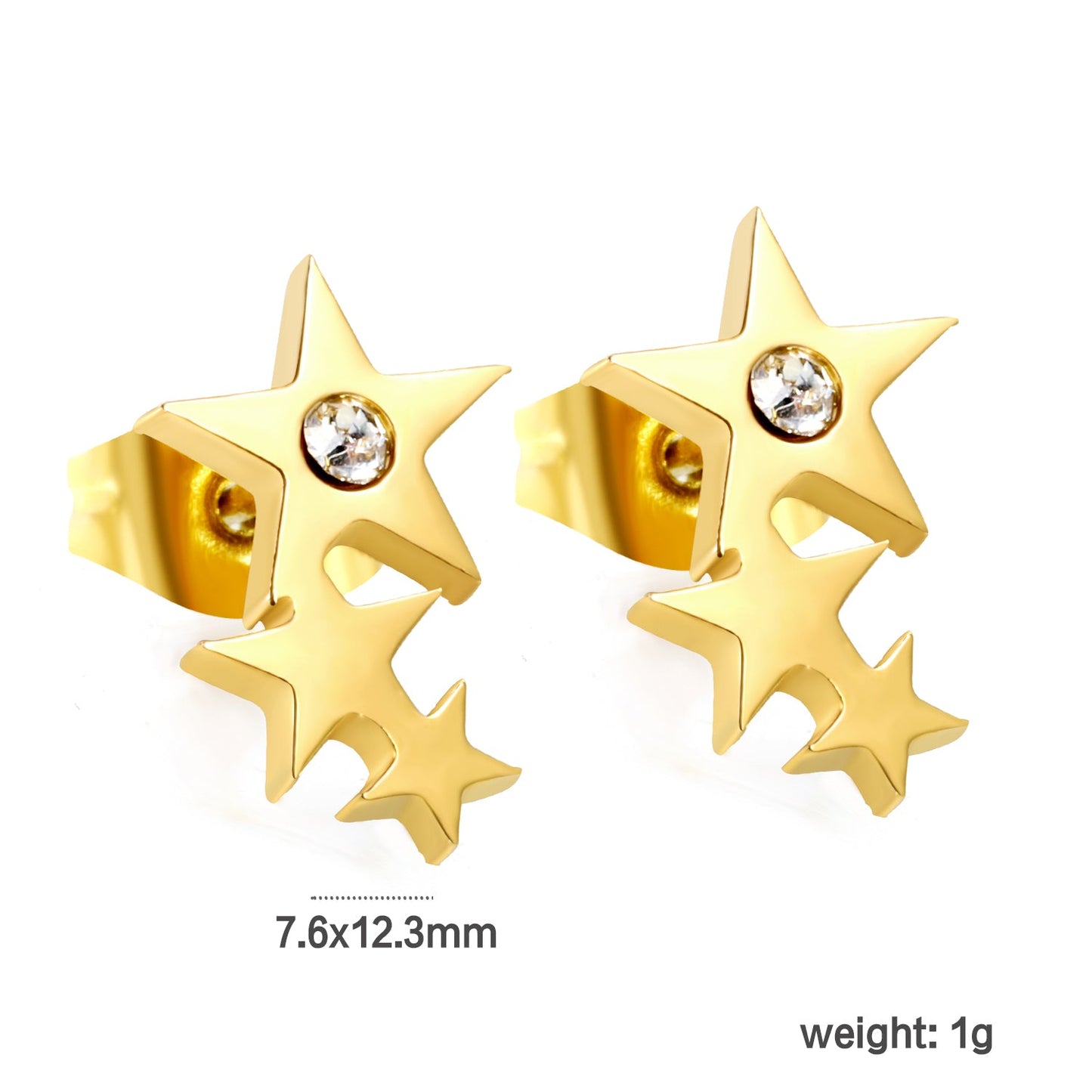 Three large and small stars with diamond earrings 7.6 * 12.3mm steel color / gold color asonjewelry