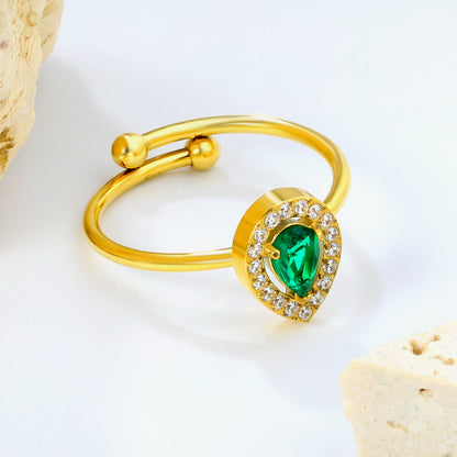 18K Gold - Plated Ring with Emerald - Cut Green Stone and Diamond - Accented Halo asonjewelry