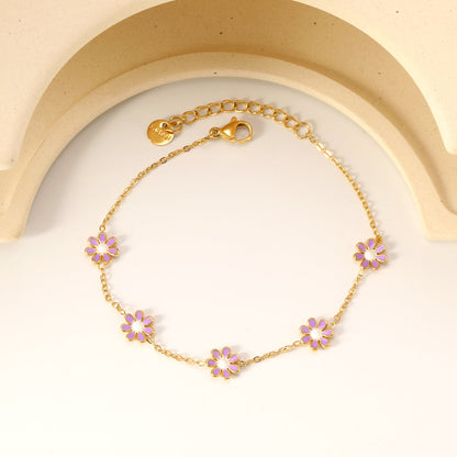 8mm six-petal flower white/black/purple/blue oil drop accessories 0.35 cross chain *18+3cm+6mm round sign bracelet gold color asonjewelry