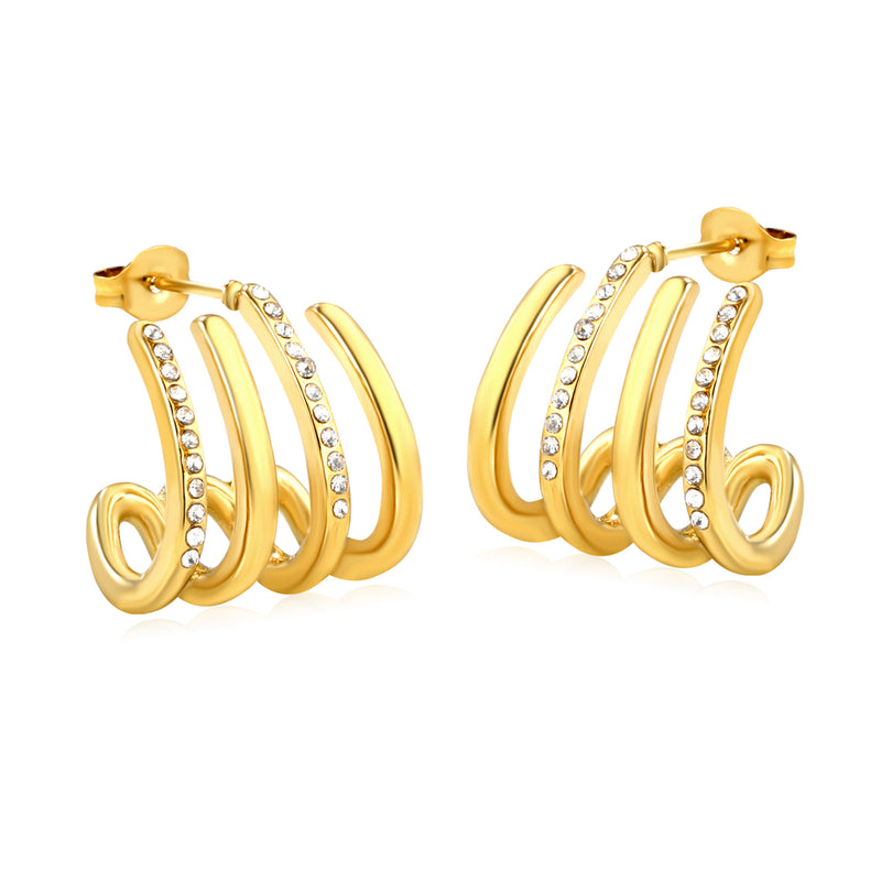 17.5*18mm Four-Link C-Shaped Adhesive White Diamond Ear Stud, Gold