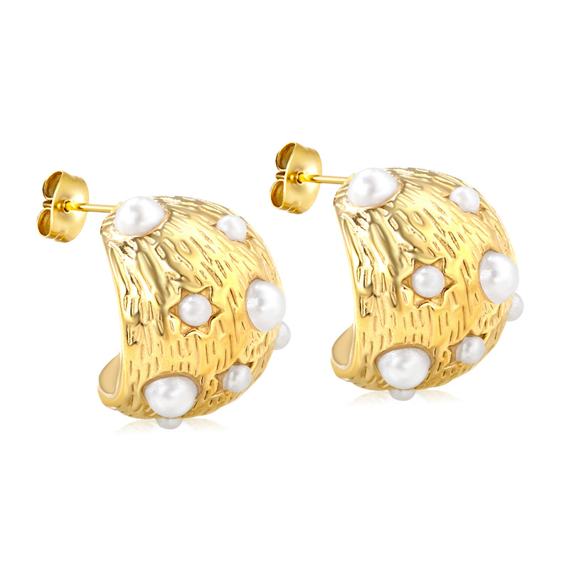 17x20mm half-circle tree bark with white pearl ear studs, gold