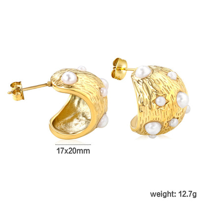 17x20mm half-circle tree bark with white pearl ear studs, gold asonjewelry