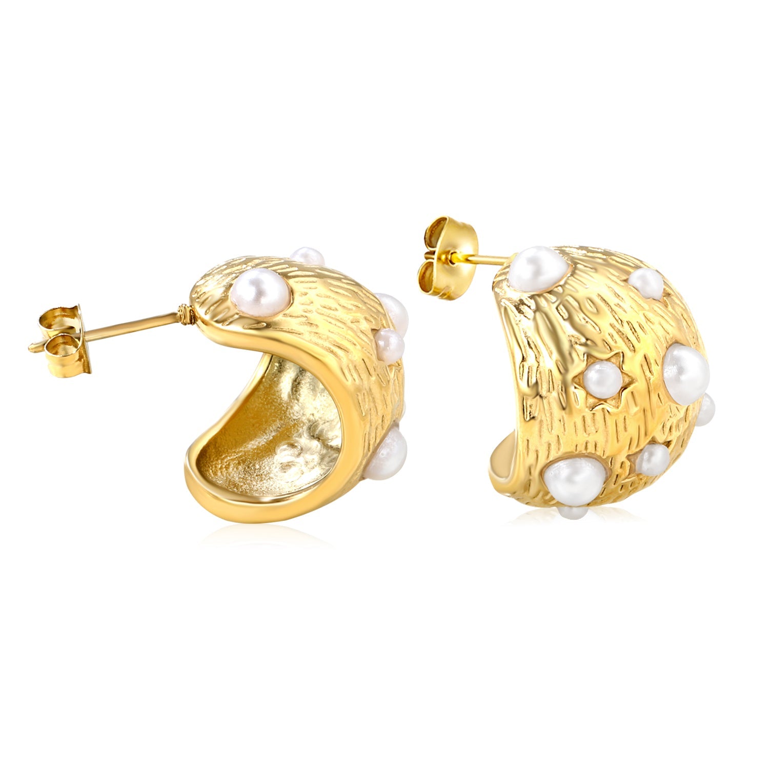 17x20mm half-circle tree bark with white pearl ear studs, gold asonjewelry