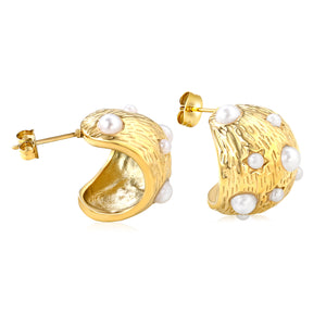 17x20mm half-circle tree bark with white pearl ear studs, gold