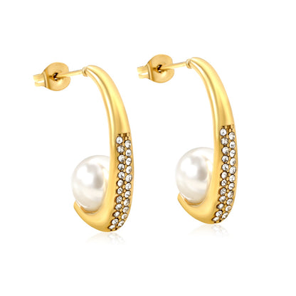 5x26mm C-shaped white diamond + 9mm pearl ear studs, gold asonjewelry