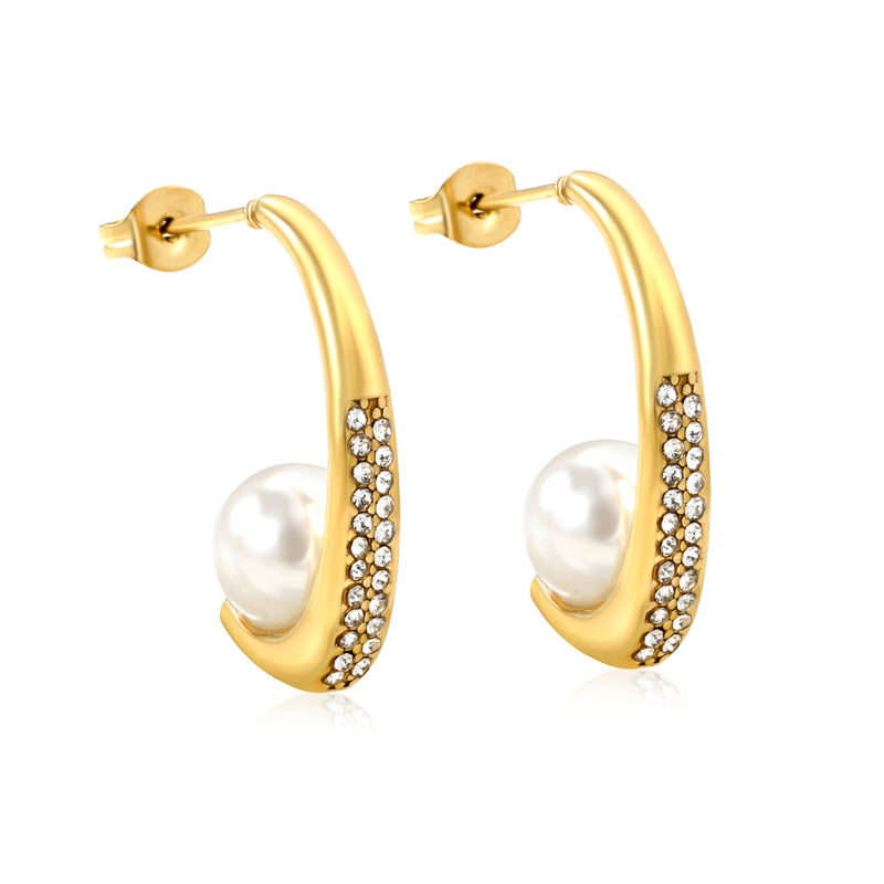 5x26mm C-shaped white diamond + 9mm pearl ear studs, gold