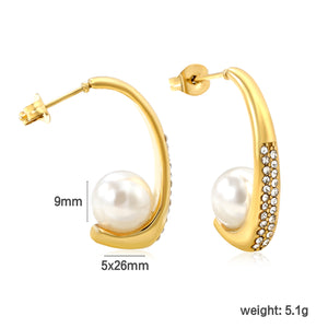 5x26mm C-shaped white diamond + 9mm pearl ear studs, gold
