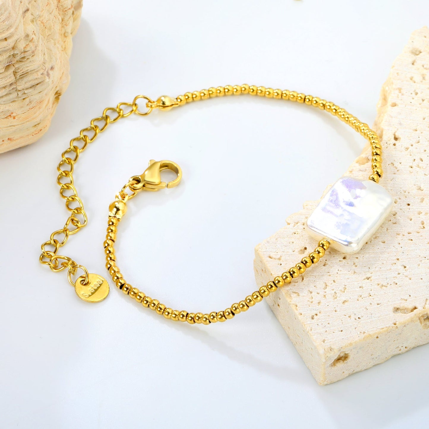 14.8 x 11.1 mm rectangular imitation white pearl, 2 mm steel ball chain 15 x 5 x 6 mm, bracelet, gold. asonjewelry