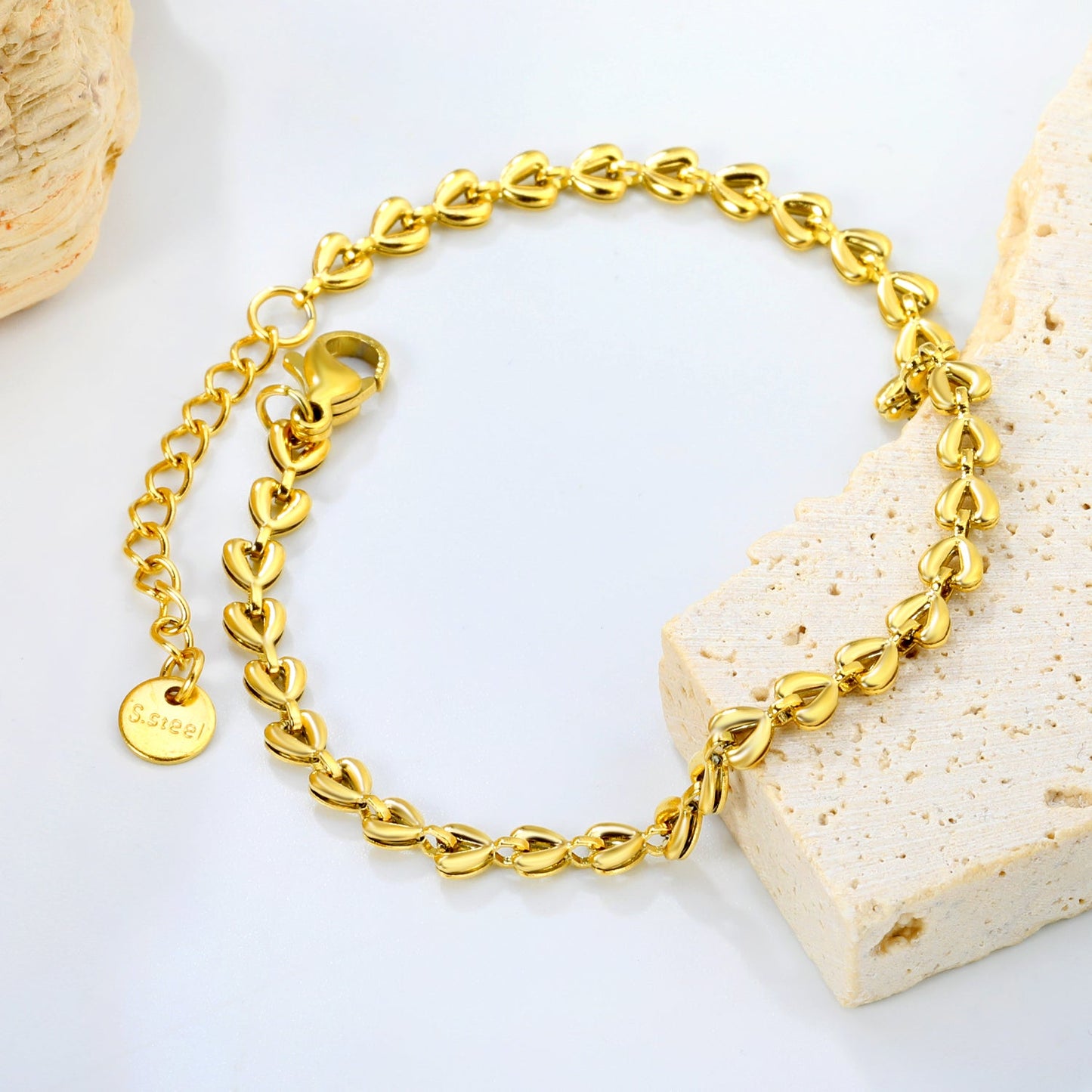 4*3.3mm Small Heart Chain 18+3cm+6mm Round Tail Plaque Bracelet Steel/Golden asonjewelry