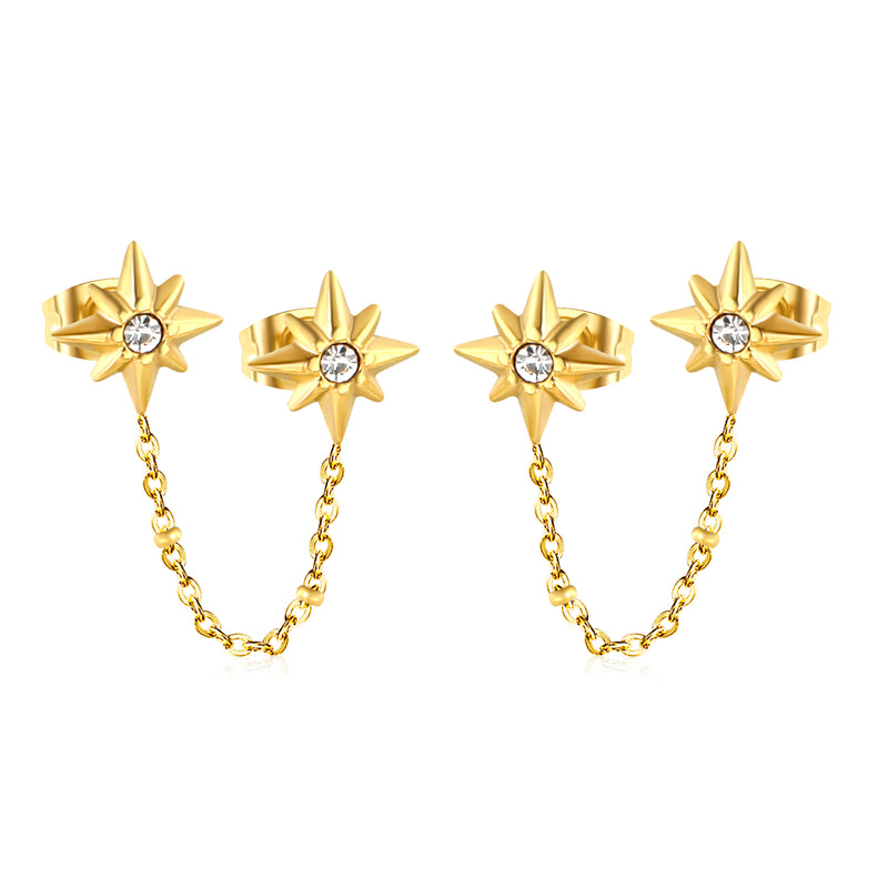 9mm Double-Pin Eight-Pointed Star with White Diamond Earring, Gold
