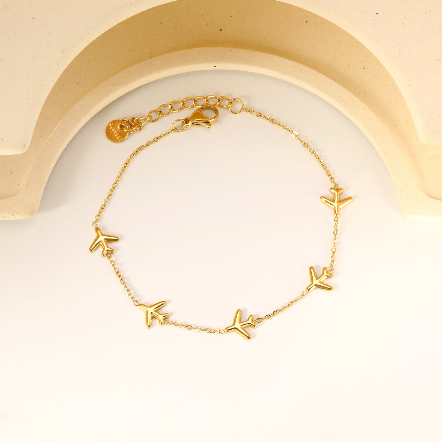 8.2*8mm Airplane Accessories 0.3 Cross Chain*18+3cm+6mm Round Plaque Bracelet Golden asonjewelry