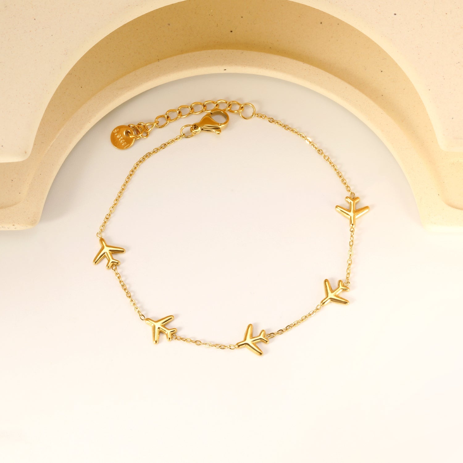 8.2*8mm Airplane Accessories 0.3 Cross Chain*18+3cm+6mm Round Plaque Bracelet Golden asonjewelry