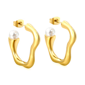 27.4*26.6mm Wave C shape with 5.7mm white glue bead earrings Gold color