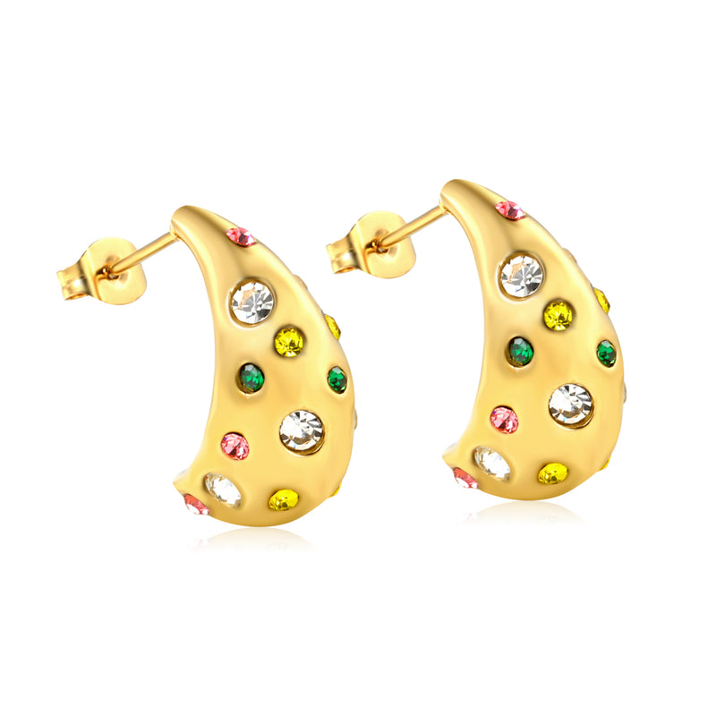 9.6*20mm Curved Mixed-Color Diamond Earring, Gold