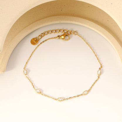 3*4.8mm Oval Sticky White Zirconium Accessories 0.3 Cross Chain*18+3cm+6mm Round Plaque Bracelet Golden asonjewelry