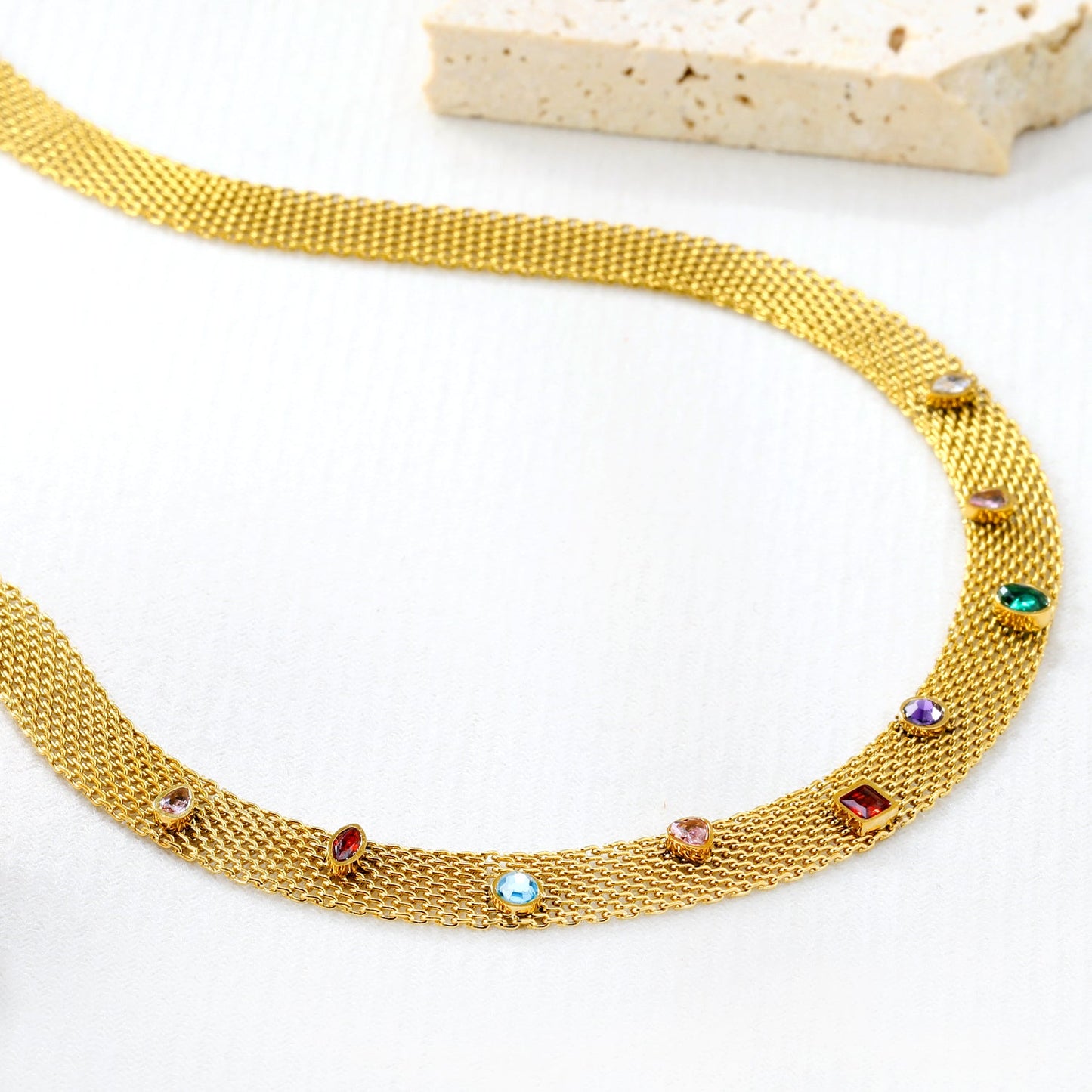 Mesh Chain with Nine Mixed-Color Diamonds (Approx. 4 x 4.1mm) Width 8.1mm x Thickness 1mm + Mesh Chain 40 + 5cm + 6mm Round Pendant Necklace Gold Color asonjewelry