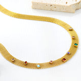 Mesh Chain with Nine Mixed-Color Diamonds (Approx. 4 x 4.1mm) Width 8.1mm x Thickness 1mm + Mesh Chain 40 + 5cm + 6mm Round Pendant Necklace Gold Color