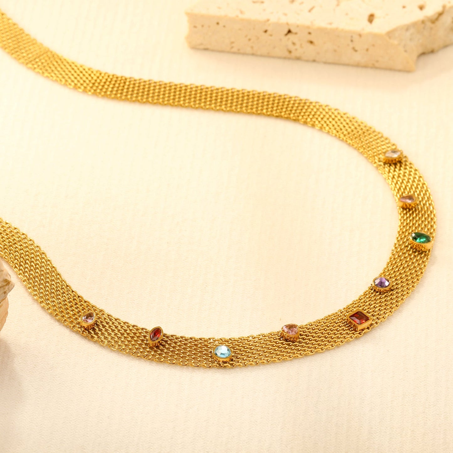 Mesh Chain with Nine Mixed-Color Diamonds (Approx. 4 x 4.1mm) Width 8.1mm x Thickness 1mm + Mesh Chain 40 + 5cm + 6mm Round Pendant Necklace Gold Color asonjewelry