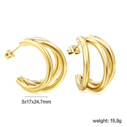 Triple Size C-Shaped Gold Stud Earrings 3*17*24.7mm asonjewelry
