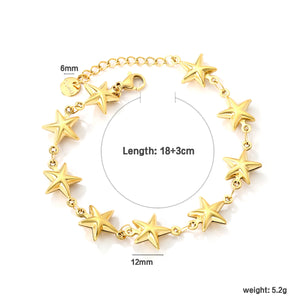12mm, 9 hollow five-pointed stars, 18+3cm+6mm round tag, bracelet, gold color
