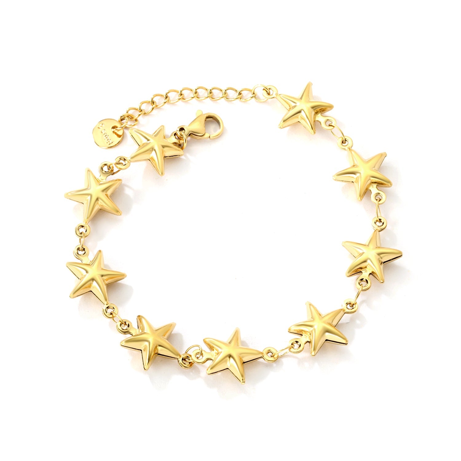 12mm, 9 hollow five-pointed stars, 18+3cm+6mm round tag, bracelet, gold color asonjewelry