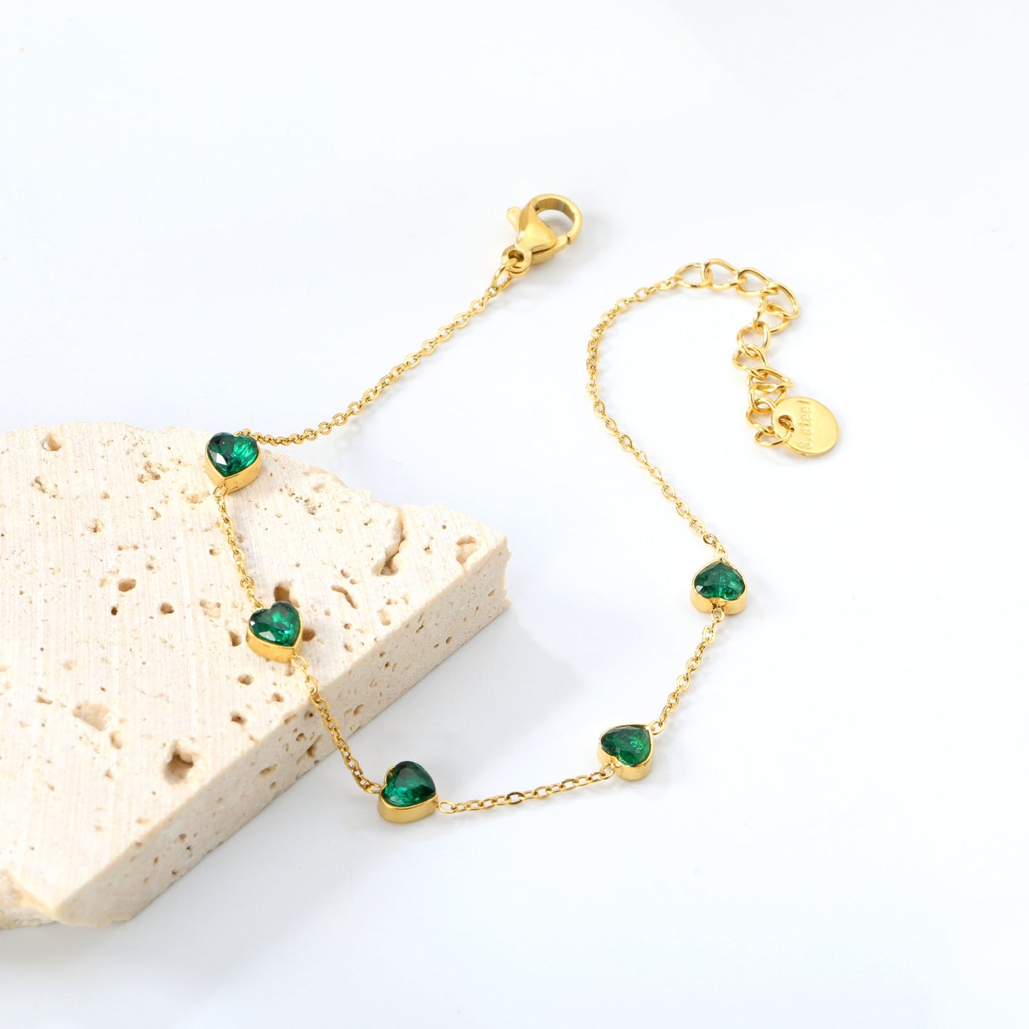5mm heart shaped emerald zirconium accessories 0.3 cross chain *17+3cm+6mm round plaque bracelet gold color asonjewelry