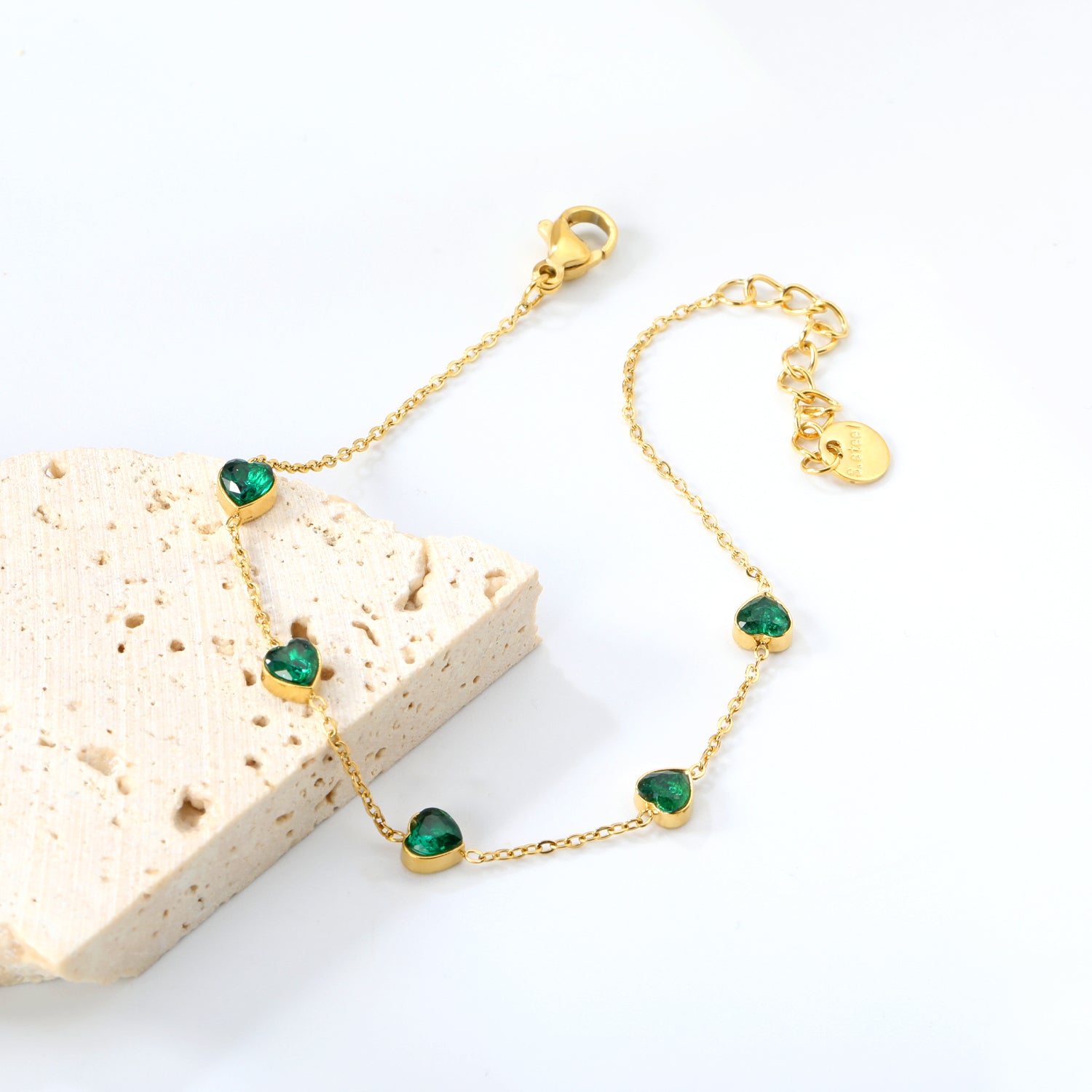 5mm heart shaped emerald zirconium accessories 0.3 cross chain *17+3cm+6mm round plaque bracelet gold color asonjewelry