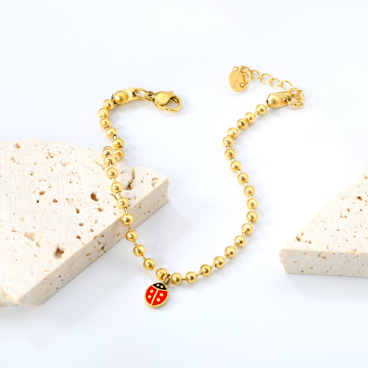 6*7.6mm Ladybird Accessories 3.0 Bead Chain*18+3cm+6mm Round Plaque Bracelet Golden asonjewelry
