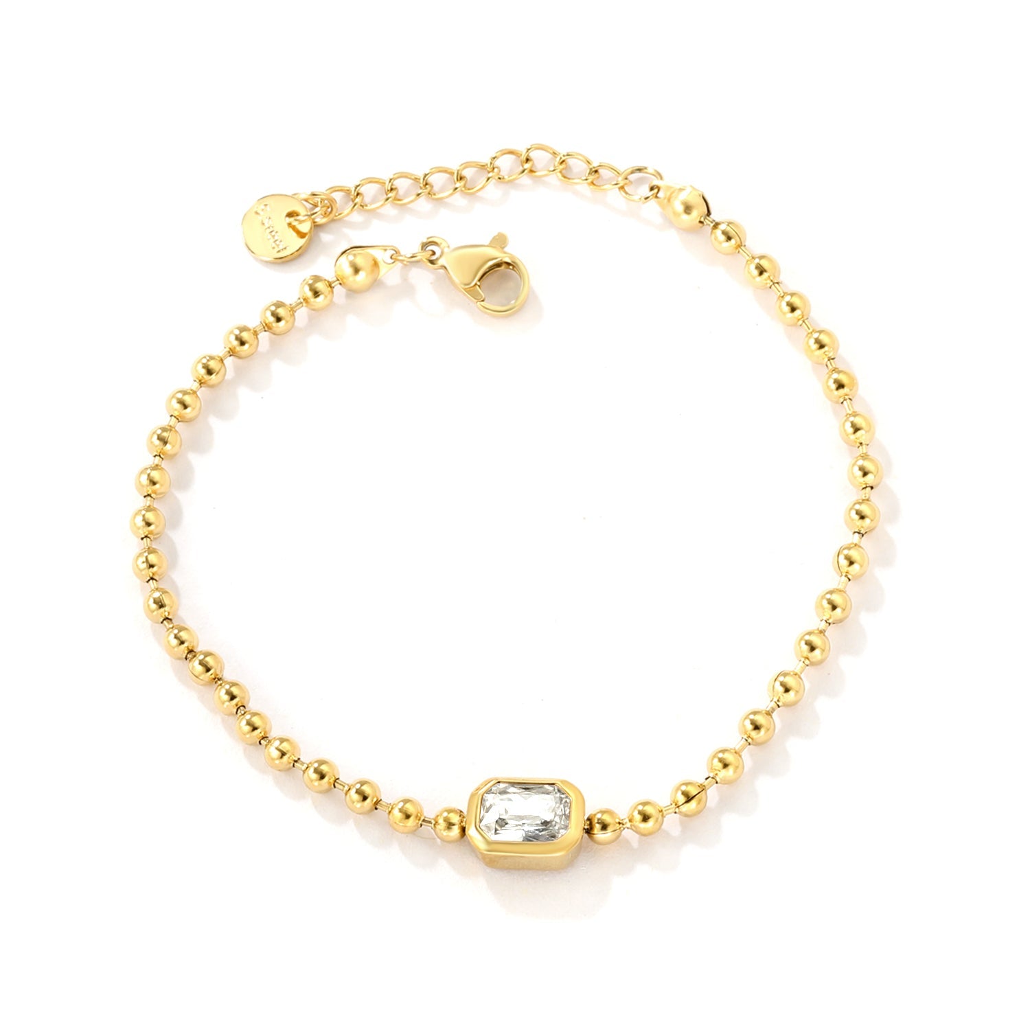 9*7mm rectangular white/pink/champagne zirconia 3mm bead chain 18+3cm+6mm round pendant bracelet gold asonjewelry