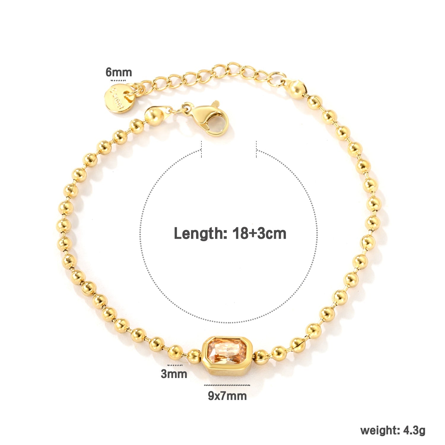 9*7mm rectangular white/pink/champagne zirconia 3mm bead chain 18+3cm+6mm round pendant bracelet gold asonjewelry