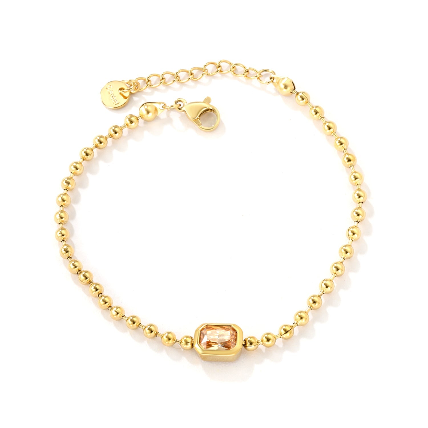 9*7mm rectangular white/pink/champagne zirconia 3mm bead chain 18+3cm+6mm round pendant bracelet gold asonjewelry