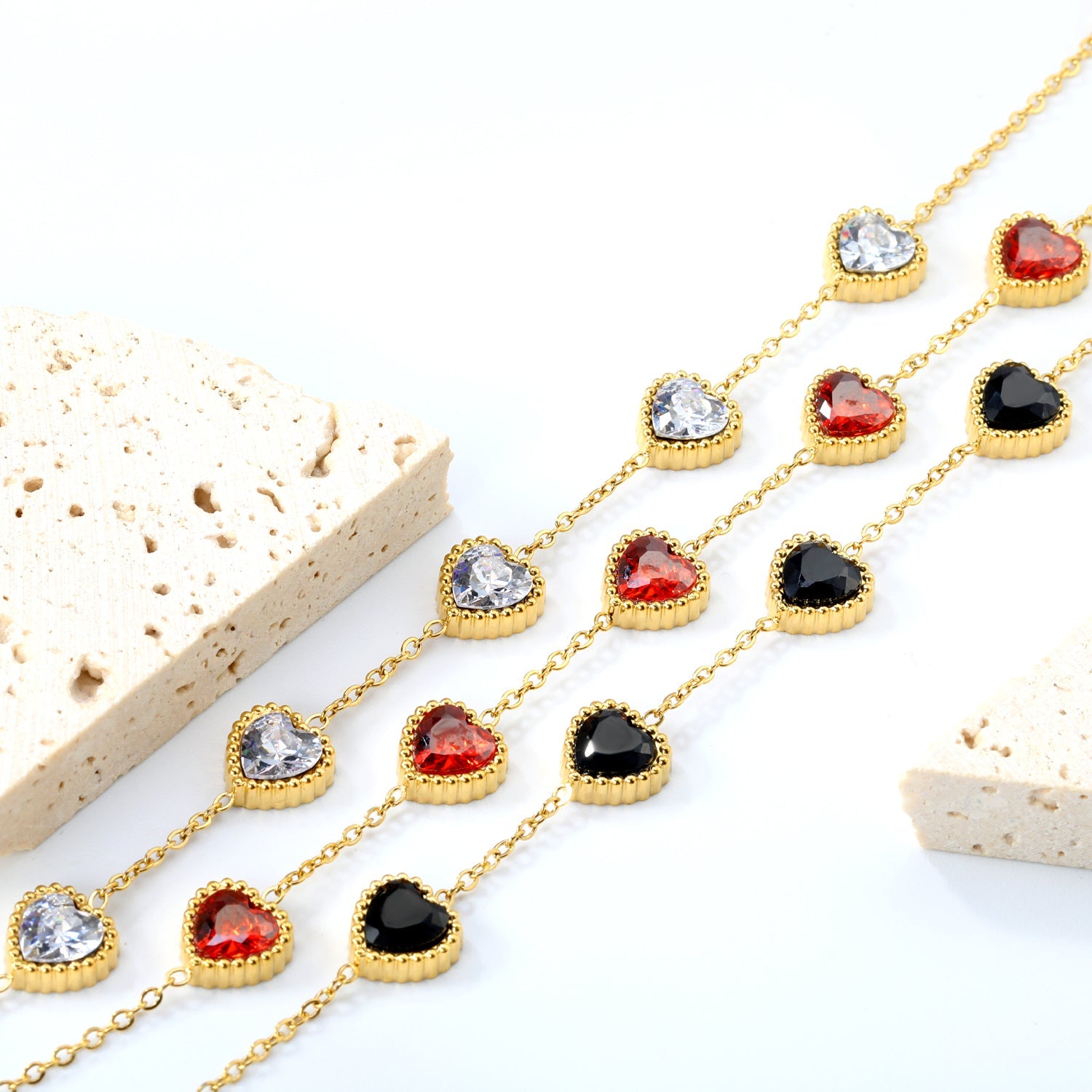 8.6mm Heart with White Crystal/Black Crystal/Red Zirconium Fittings 0.35 Cross Chain*17+3cm+6mm Round Plaque Bracelet Gold Color asonjewelry