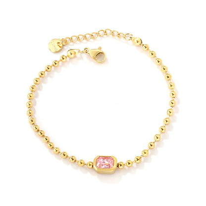 9*7mm rectangular white/pink/champagne zirconia 3mm bead chain 18+3cm+6mm round pendant bracelet gold asonjewelry