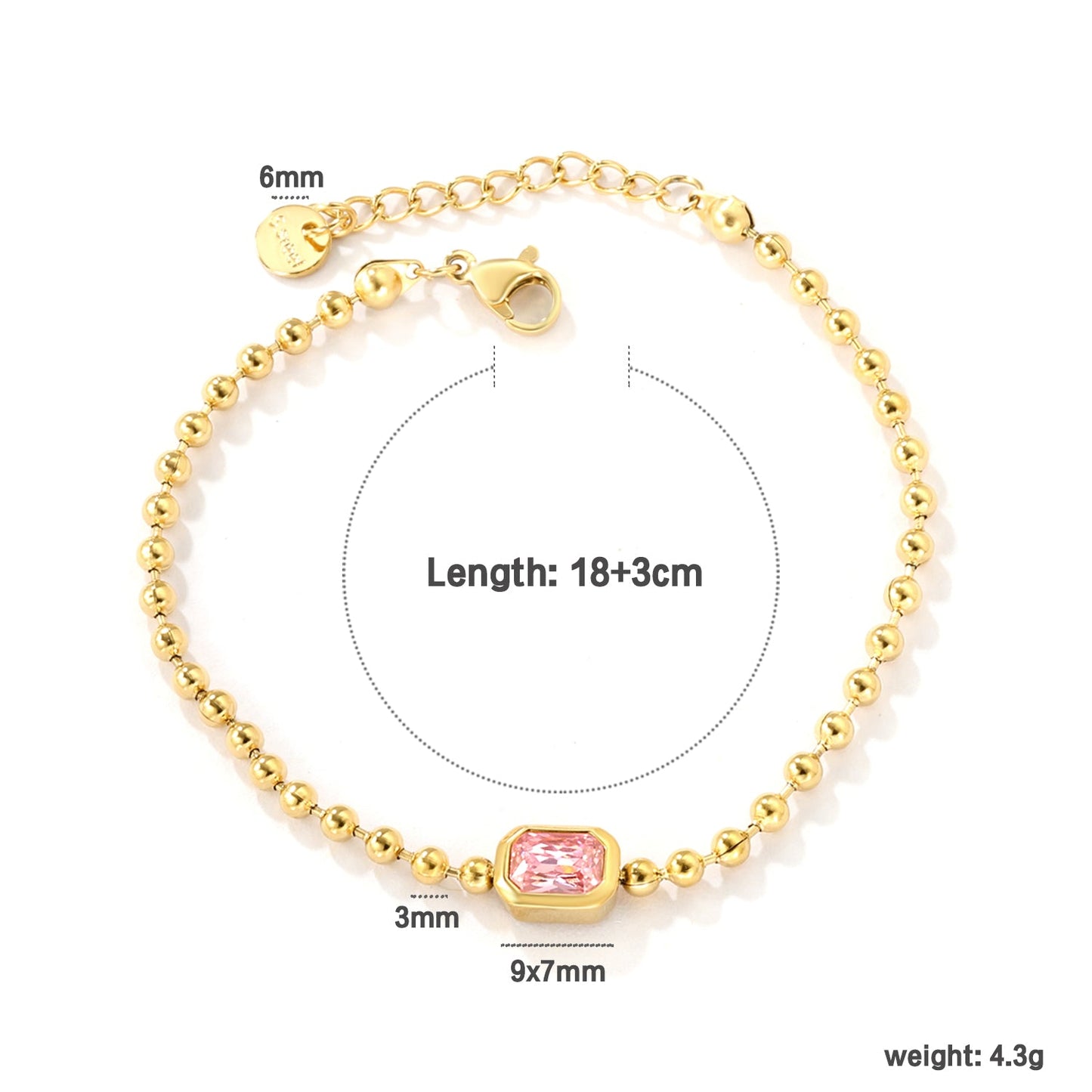 9*7mm rectangular white/pink/champagne zirconia 3mm bead chain 18+3cm+6mm round pendant bracelet gold asonjewelry