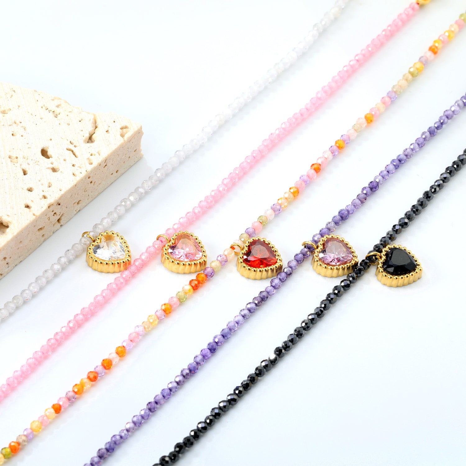 8.5*8.6mm Bead Edge Heart Shape Sticky White/Black/Purple/Red/Pink Zirconia Accessories 2mm White Beads*18+3cm+6mm Round Plaque Bracelet Golden asonjewelry