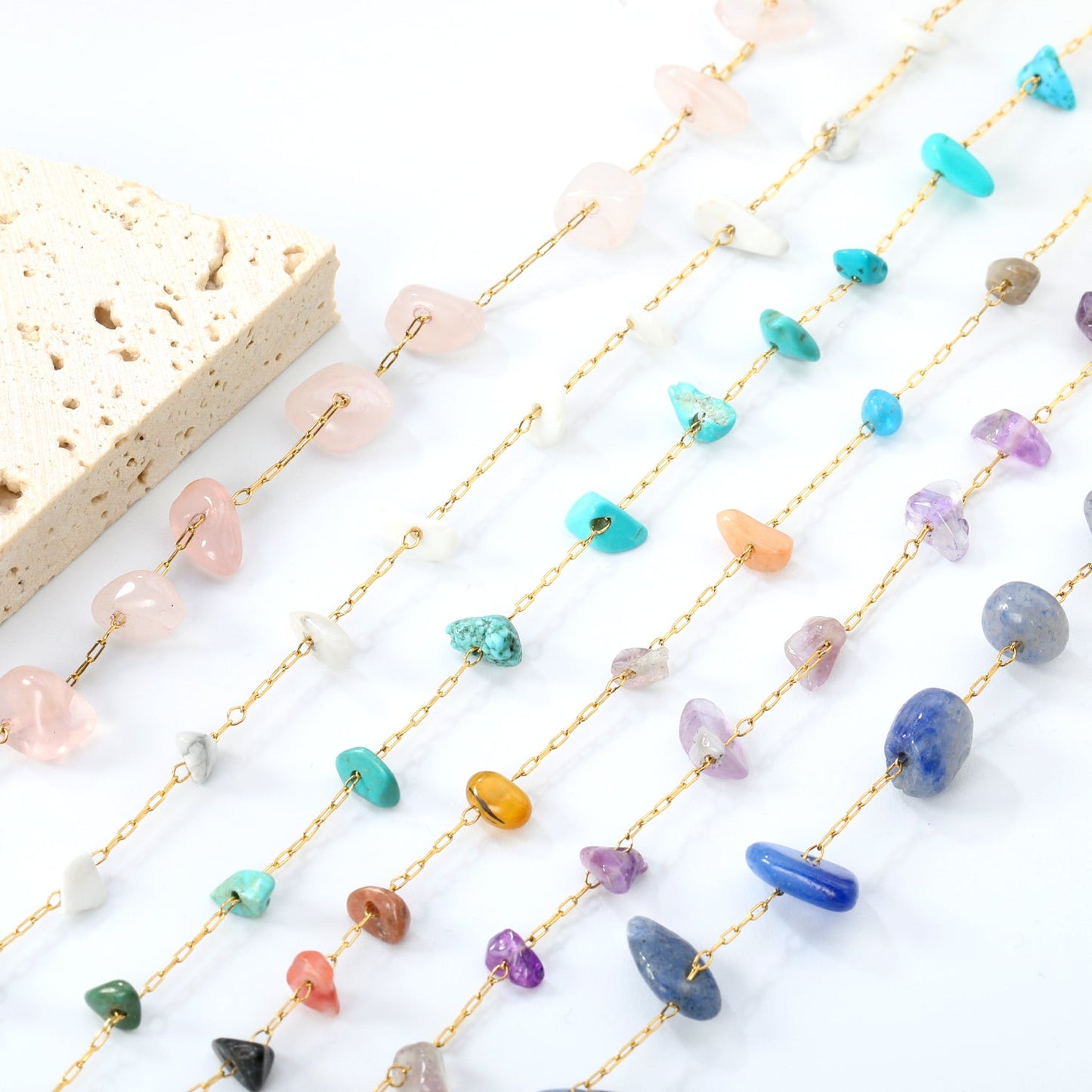 White Turquoise/ Amethyst/ Pink/ Sky Blue/ Turquoise/ Mixed Color Stone Accessories 0.3 Cross Chain*17+3cm+6mm Round Plaque Bracelet Golden asonjewelry