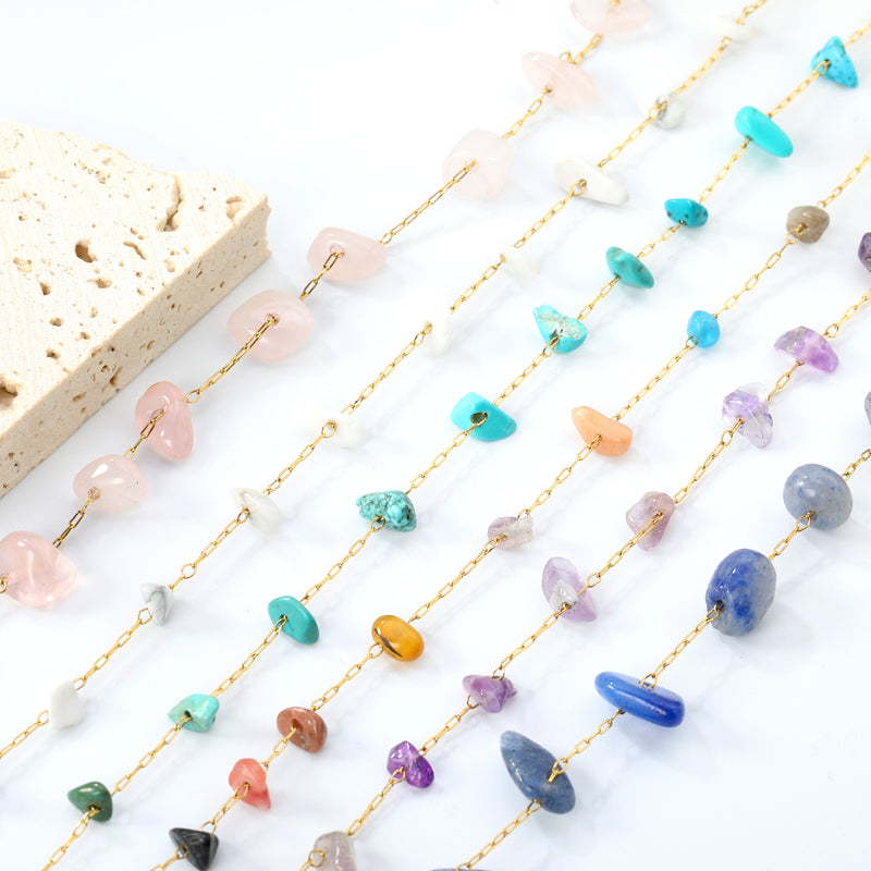 White Turquoise/ Amethyst/ Pink/ Sky Blue/ Turquoise/ Mixed Color Stone Accessories 0.3 Cross Chain*17+3cm+6mm Round Plaque Bracelet Golden
