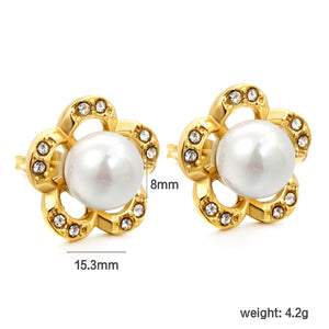 15.3mm Peach Blossom with White Diamonds + 8mm White Pearl Stud Earrings