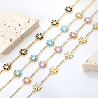 8mm six-petal flower white/black/purple/blue oil drop accessories 0.35 cross chain *18+3cm+6mm round sign bracelet gold color asonjewelry
