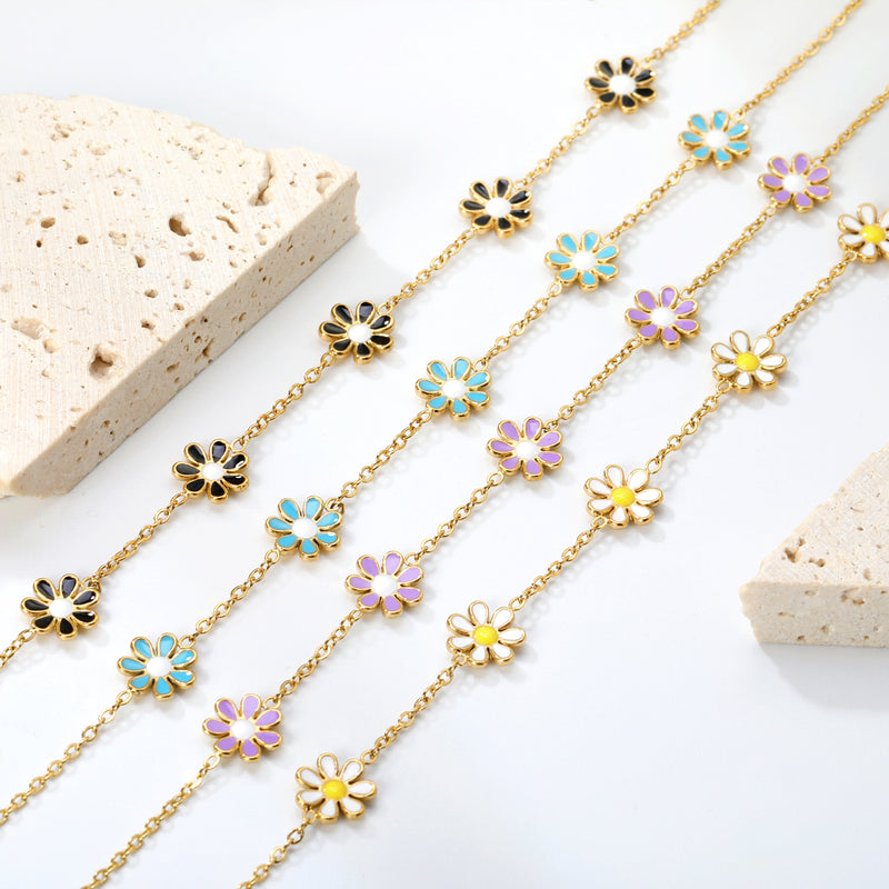 8mm six-petal flower white/black/purple/blue oil drop accessories 0.35 cross chain *18+3cm+6mm round sign bracelet gold color