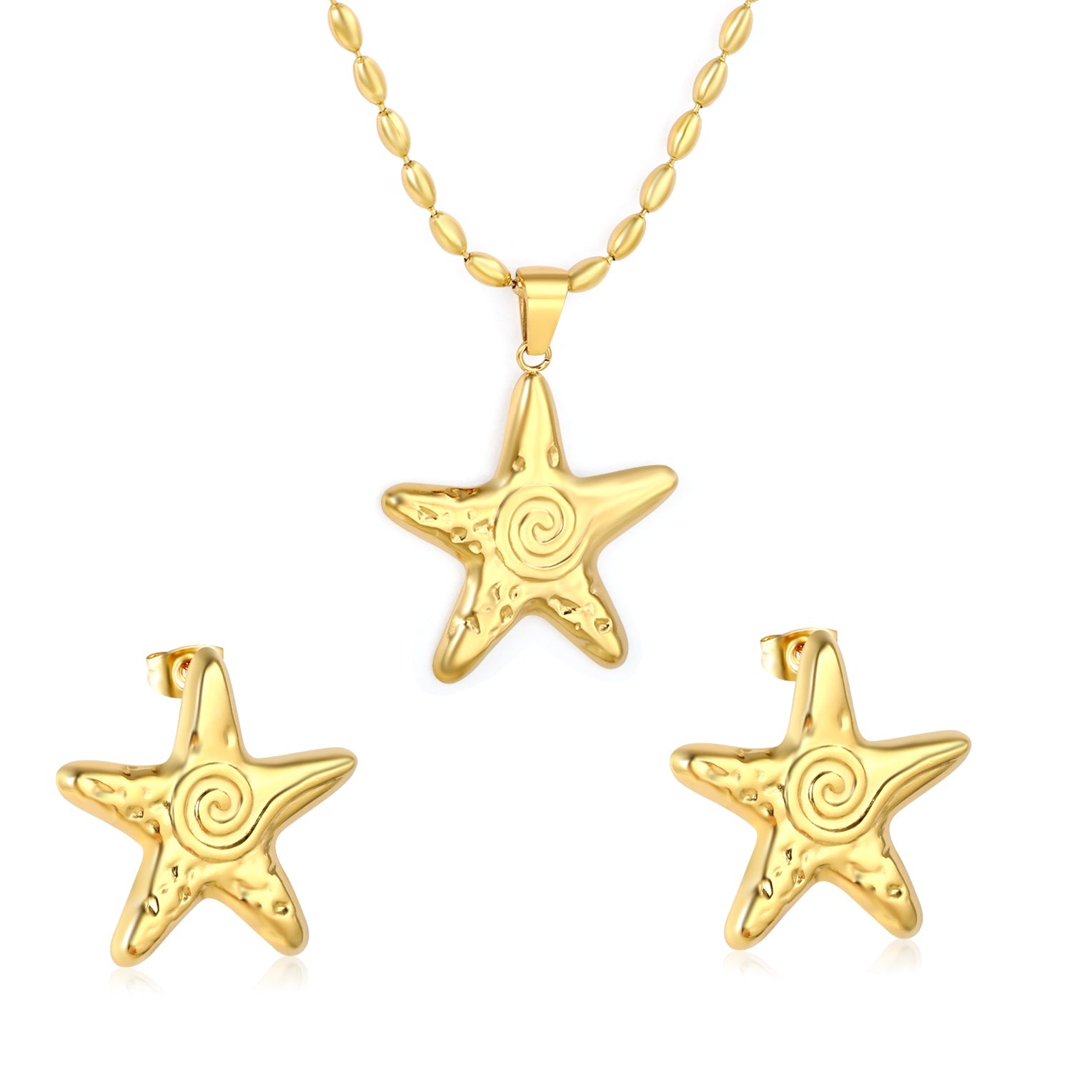 Screw Starfish Set Gold Earrings: 26x26.6mm Pendant: 26x26.6mm 2x4mm Olive Glass Bead Chain 40+5cm+6mm Round Pendant asonjewelry