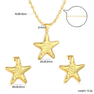 Screw Starfish Set Gold Earrings: 26x26.6mm Pendant: 26x26.6mm 2x4mm Olive Glass Bead Chain 40+5cm+6mm Round Pendant