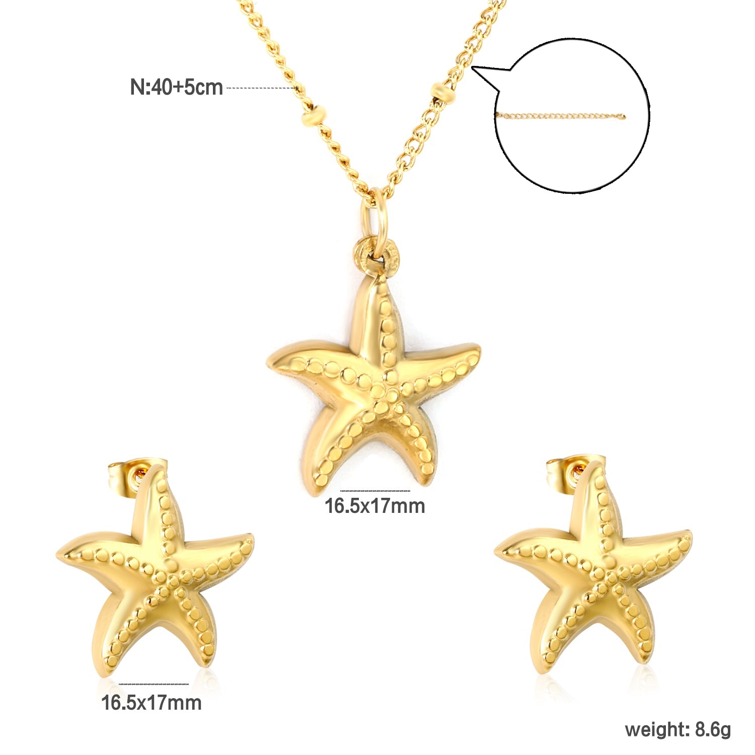 Starfish Set  Gold Earrings: 16.5 x 17mm Pendant: 16.5 x 17mm 0.4mm Side-Mounted Pearl Chain 40+5cm + 6mm Round Pendant asonjewelry