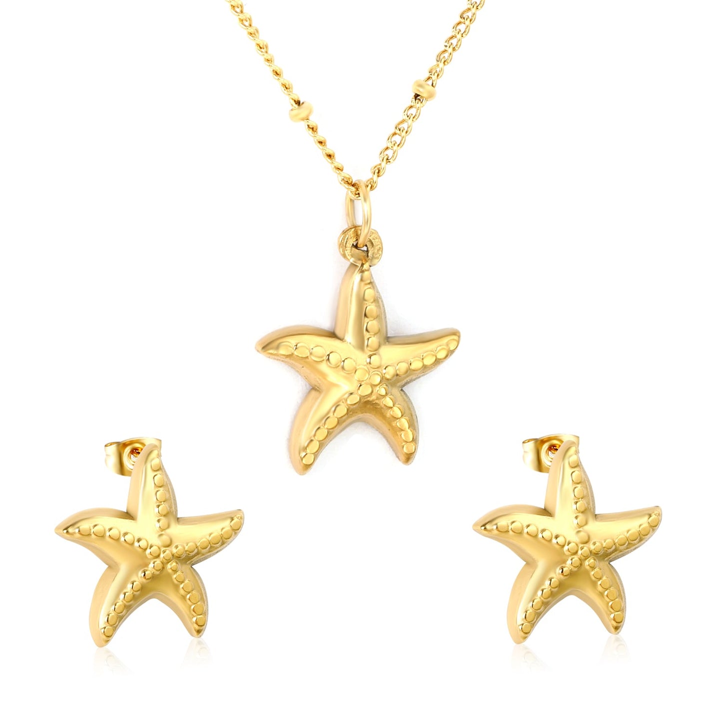 Starfish Set  Gold Earrings: 16.5 x 17mm Pendant: 16.5 x 17mm 0.4mm Side-Mounted Pearl Chain 40+5cm + 6mm Round Pendant asonjewelry