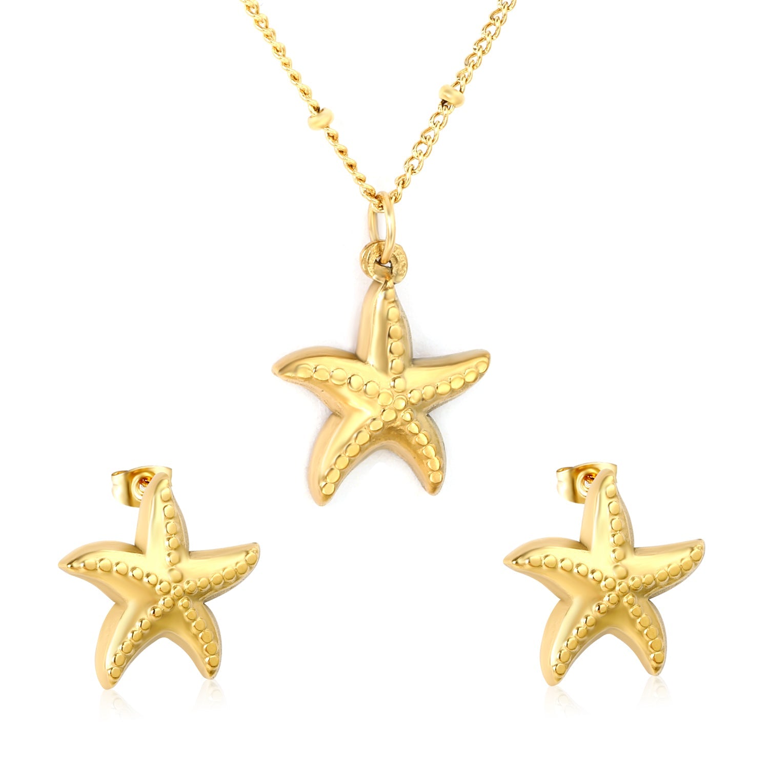 Starfish Set  Gold Earrings: 16.5 x 17mm Pendant: 16.5 x 17mm 0.4mm Side-Mounted Pearl Chain 40+5cm + 6mm Round Pendant asonjewelry