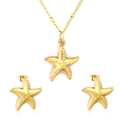 Starfish Set  Gold Earrings: 16.5 x 17mm Pendant: 16.5 x 17mm 0.4mm Side-Mounted Pearl Chain 40+5cm + 6mm Round Pendant asonjewelry