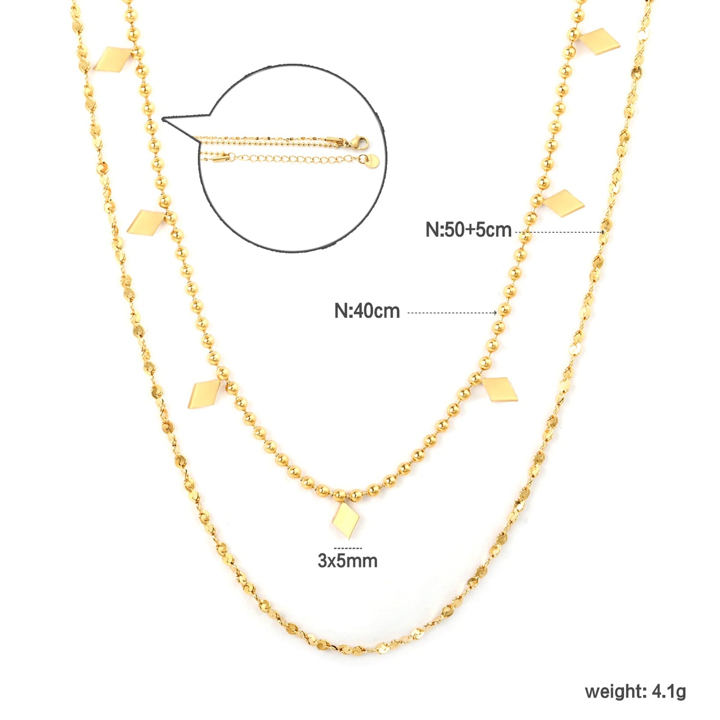 3x5mm 7 smooth diamond-shaped accessories double chain 1.5 pearl chain 40cm + 0.3 starry sky 50x5cm + 6mm round tail tag necklace, gold asonjewelry