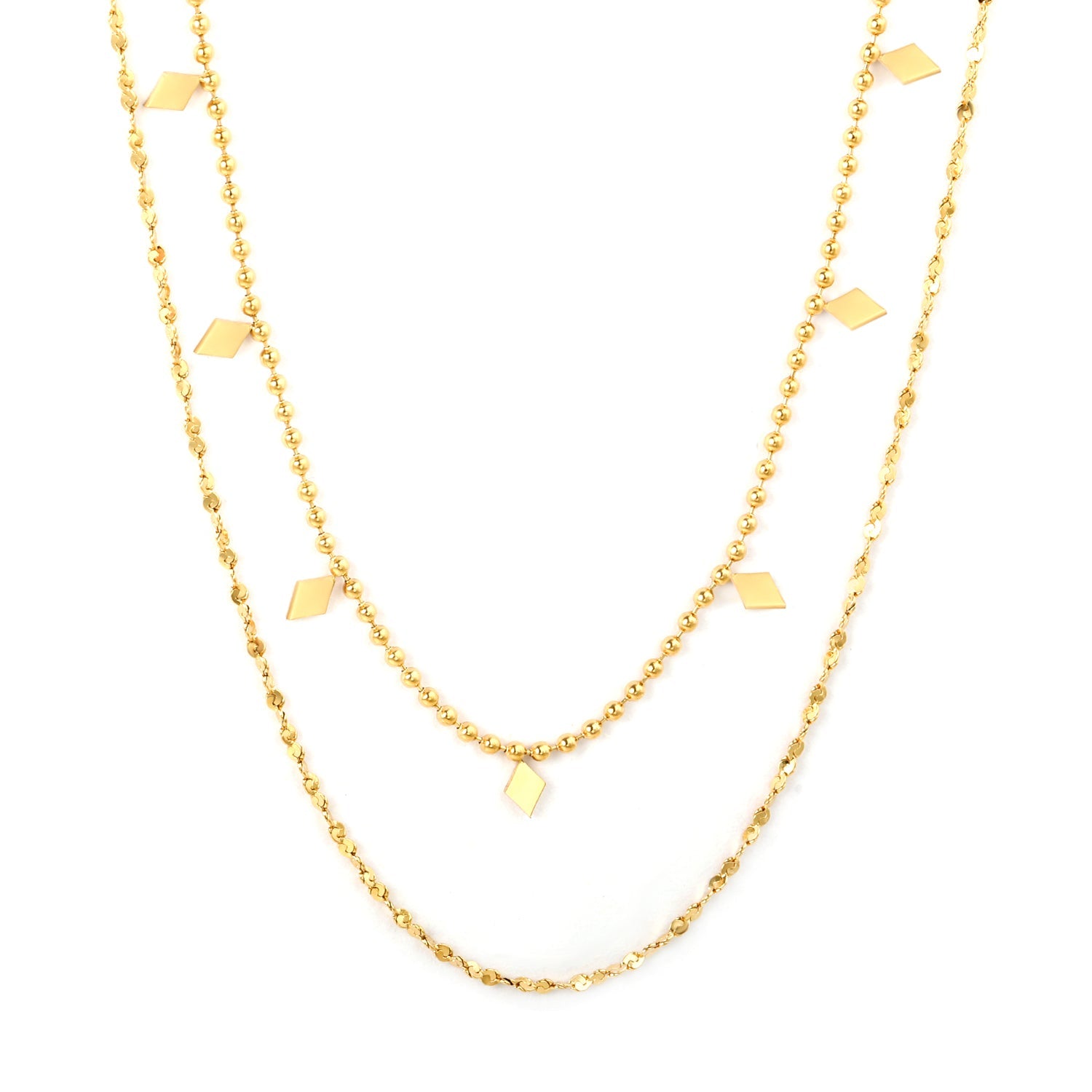 3x5mm 7 smooth diamond-shaped accessories double chain 1.5 pearl chain 40cm + 0.3 starry sky 50x5cm + 6mm round tail tag necklace, gold asonjewelry